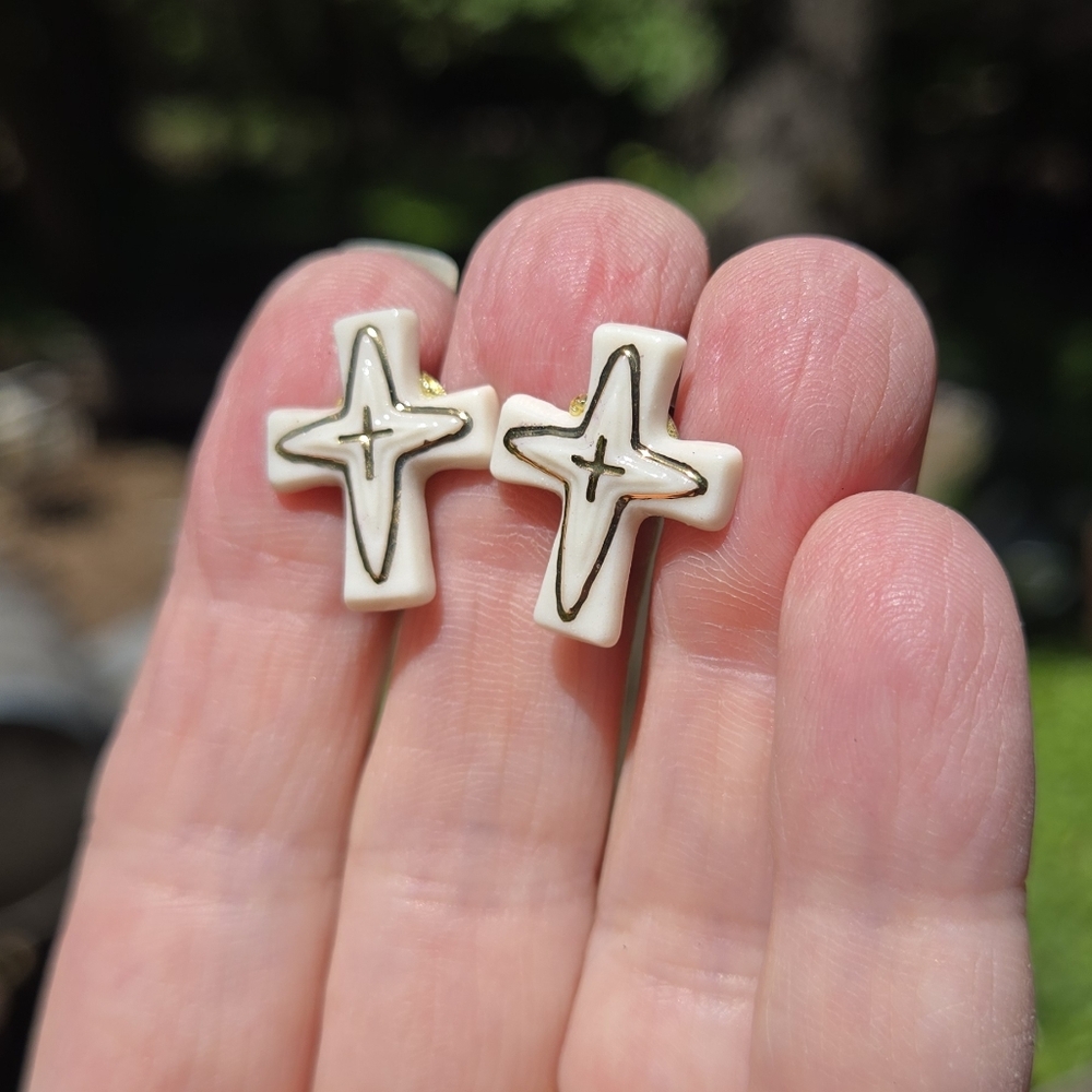 Vintage Porcelain & Gold Handmade Cross Earrings 1" - Picture 4 of 8